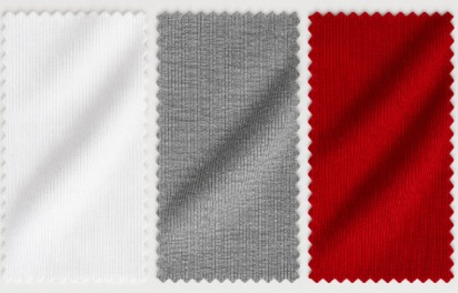 Fabric swatches in white, gray, and coral