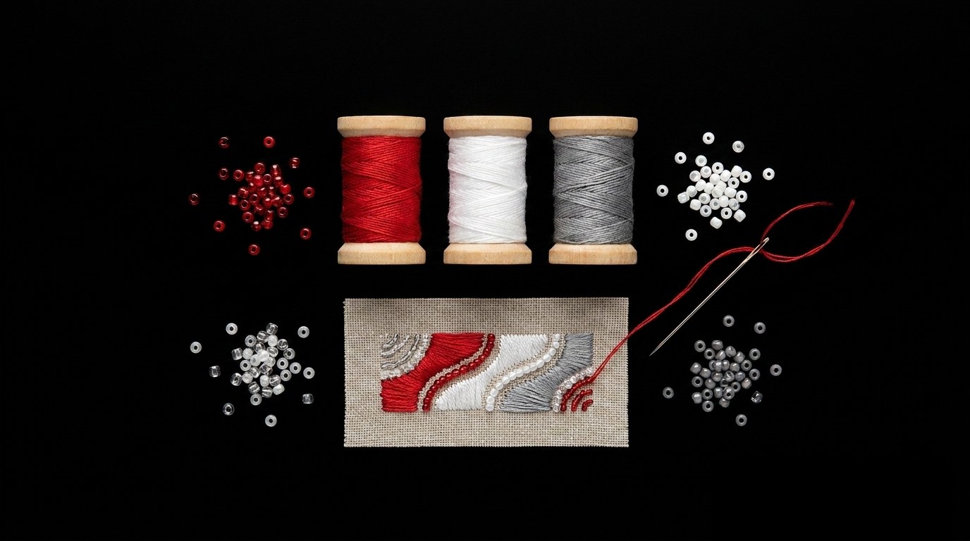 Embroidery thread, glass beads, and a needle used for the beaded cocktail patches
